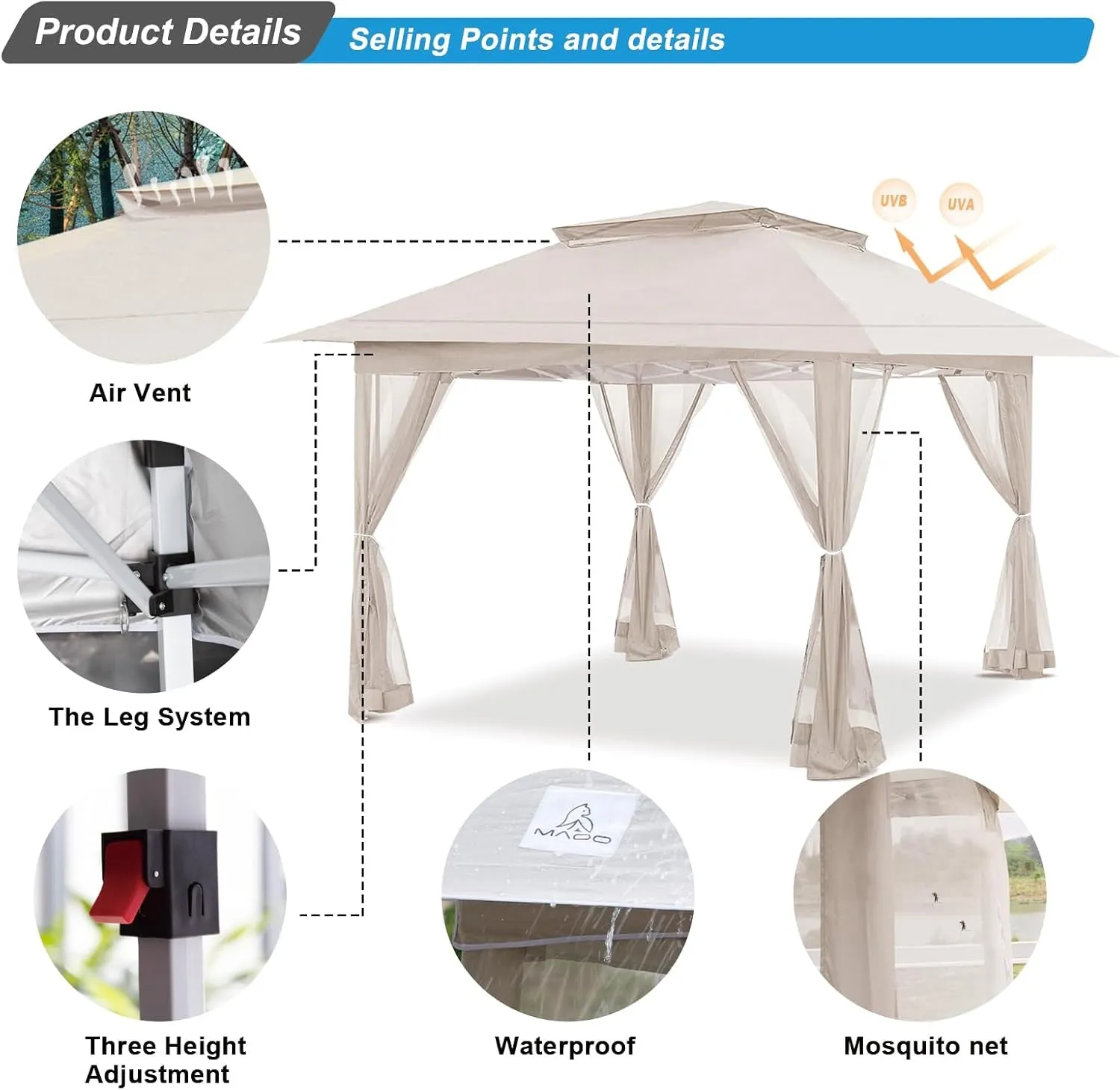 12'X12' Outdoor Gazebo, Pop up Patio Gazebo with 4 Sidewalls Mosquito Netting, Heavy Duty Gazebo Canopy Tent with Double Air Roofs for Backyards, Patios, Decks, Gardens, Parks (Beige)