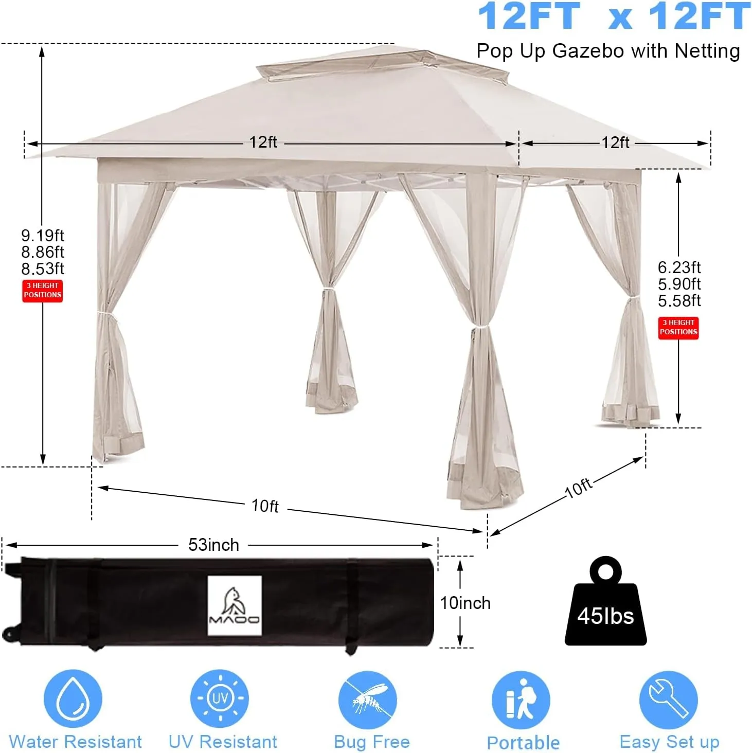 12'X12' Outdoor Gazebo, Pop up Patio Gazebo with 4 Sidewalls Mosquito Netting, Heavy Duty Gazebo Canopy Tent with Double Air Roofs for Backyards, Patios, Decks, Gardens, Parks (Beige)