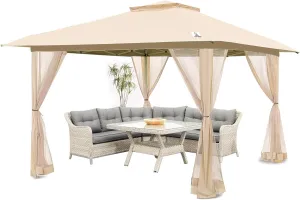 12'X12' Outdoor Gazebo, Pop up Patio Gazebo with 4 Sidewalls Mosquito Netting, Heavy Duty Gazebo Canopy Tent with Double Air Roofs for Backyards, Patios, Decks, Gardens, Parks (Beige)