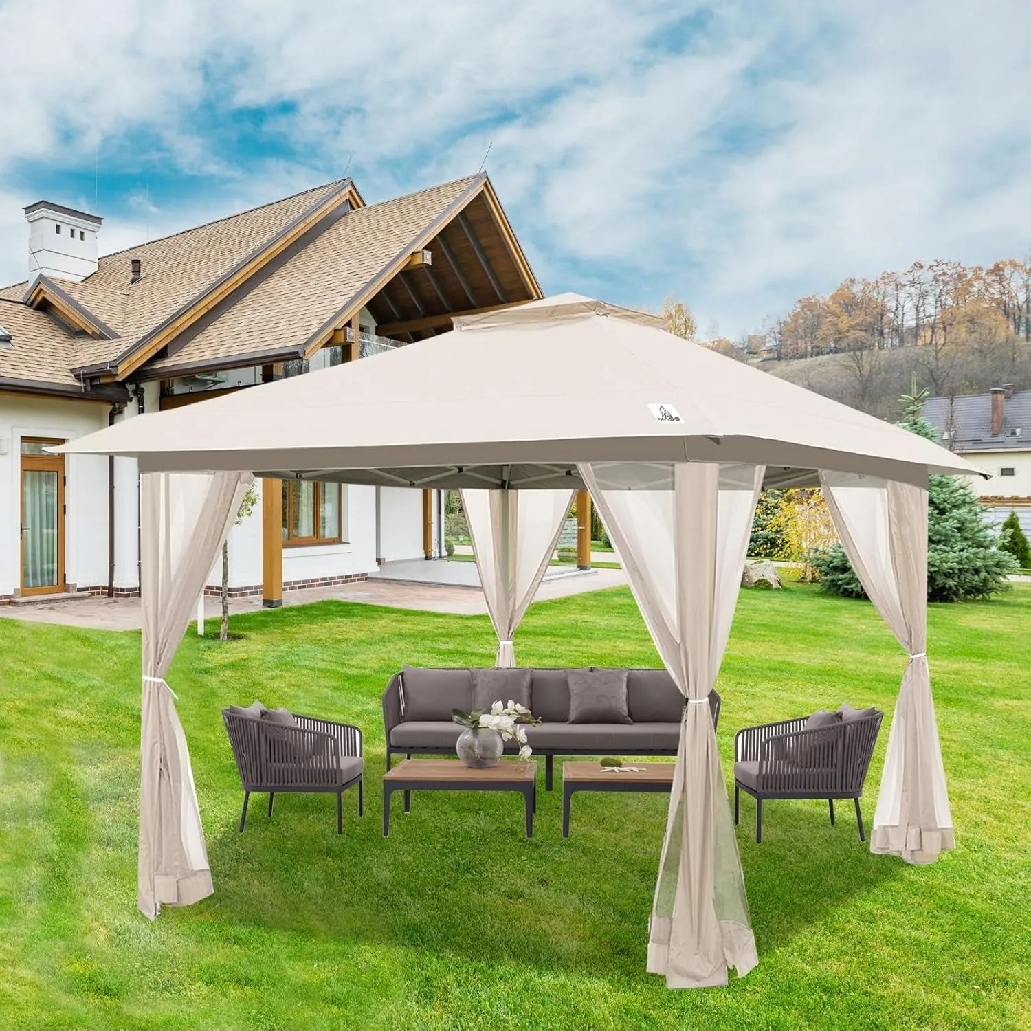 12'X12' Outdoor Gazebo, Pop up Patio Gazebo with 4 Sidewalls Mosquito Netting, Heavy Duty Gazebo Canopy Tent with Double Air Roofs for Backyards, Patios, Decks, Gardens, Parks (Beige)