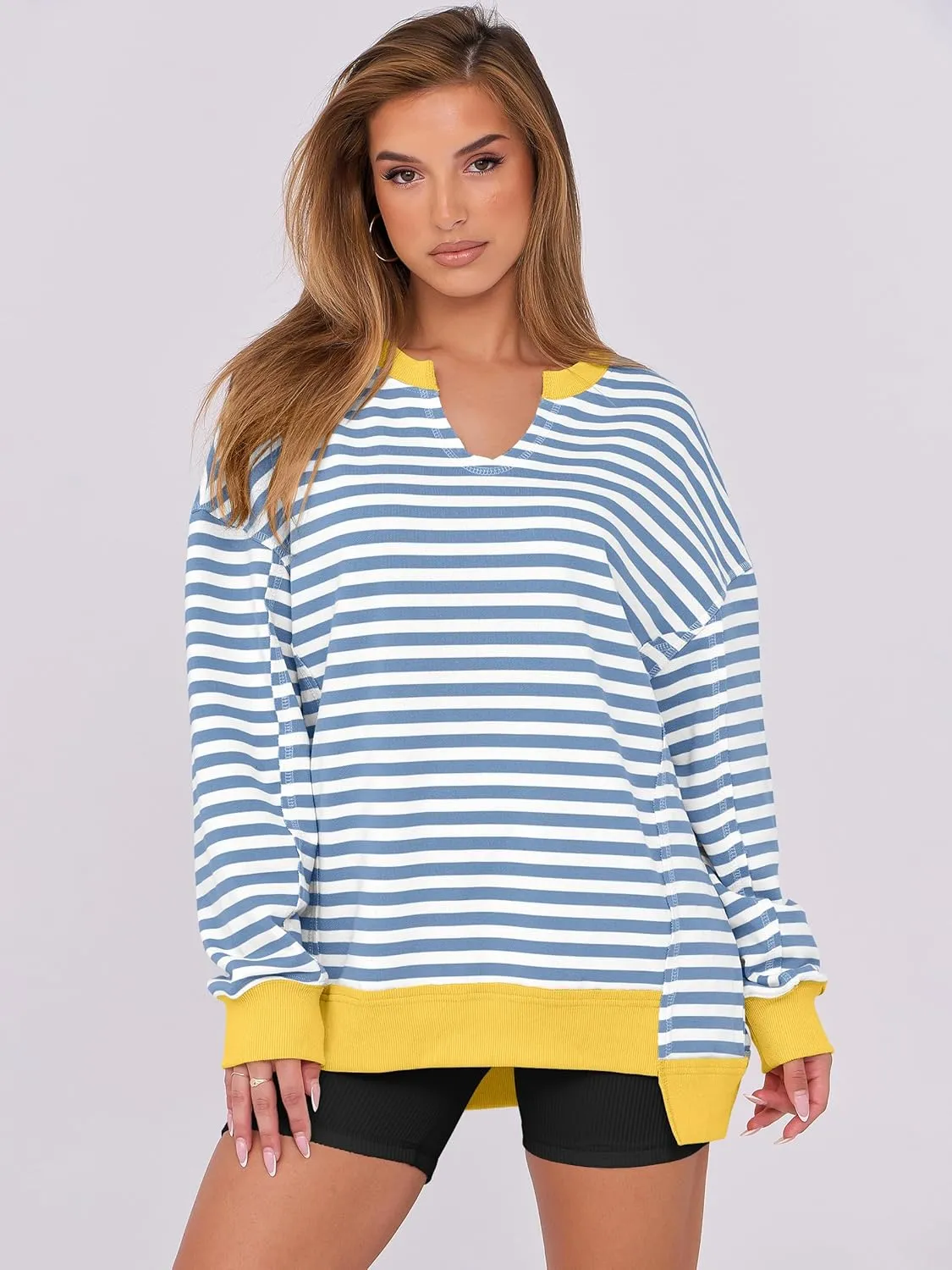 ANRABESS Women's Oversized Sweatshirts Long Sleeve Tunic Shirts V Neck Loose Pullover Tops 2025 Trendy Fall Teen Girls Outfit