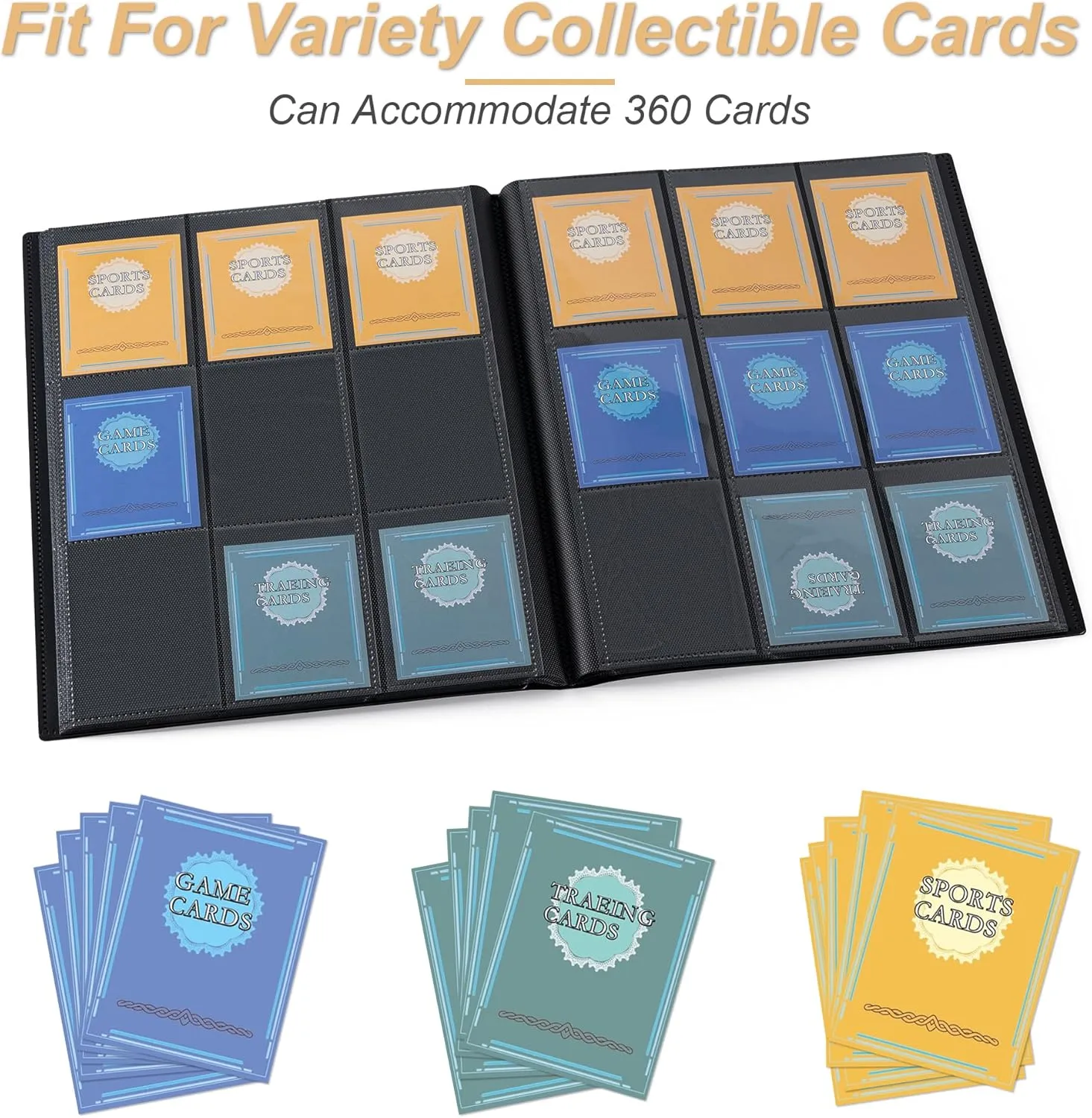 Card Binder 9 Pocket Storage 360 Card Binder,Trading Card Binder Senior and Sturdy Side-Loading Album,Intended For YuGiOh,MTG, TCG,Game Cards & Baseball Card Binde,(Black)