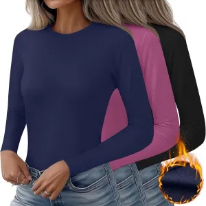 Huukeay 3 Pack Women's Thermal Shirts Long Sleeve De Velvet Lined Underwear Tops Crew Neck Slim Fit Basic Base Layer Tee