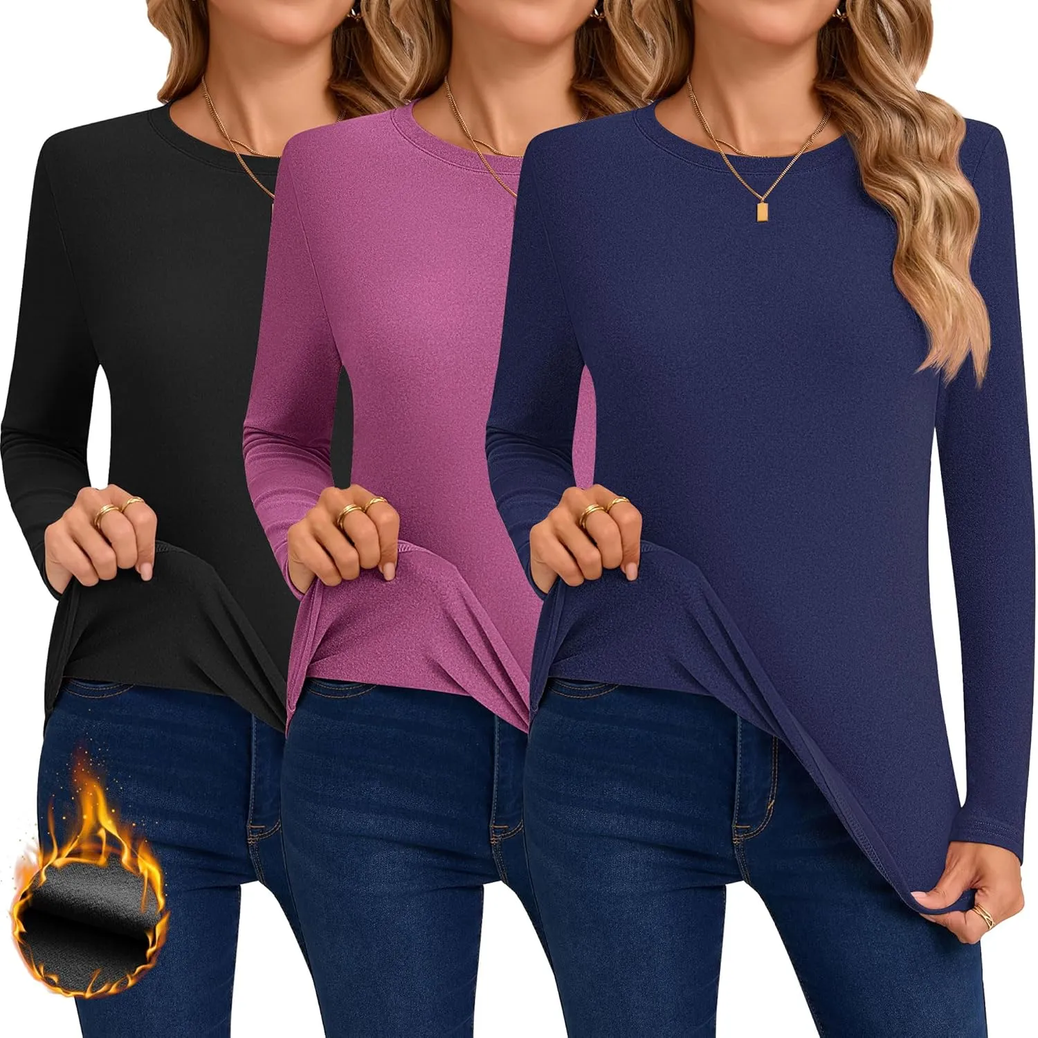 Huukeay 3 Pack Women's Thermal Shirts Long Sleeve De Velvet Lined Underwear Tops Crew Neck Slim Fit Basic Base Layer Tee