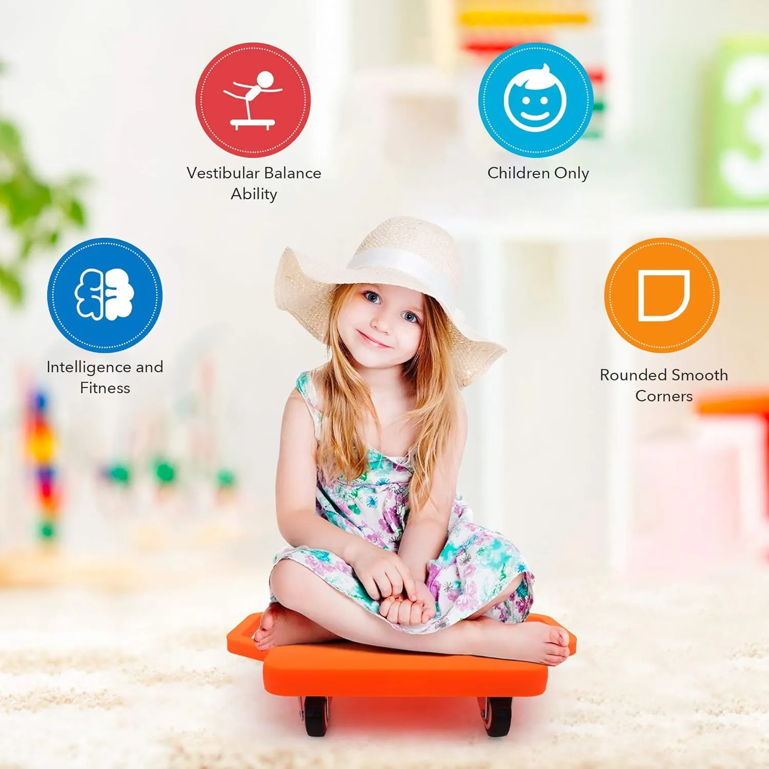 Kids Sitting Board with Universal Wheels - Safety Plastic Scooter for Kids Ages 6-12 - Manual Sport Scooter with Handles for Gym Class