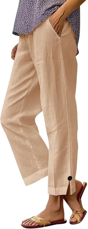 Linen Pants for Women Solid Color Straight Elastic Pant Long Drawstring Waist Cotton Casual Slit Plus Size Trousers