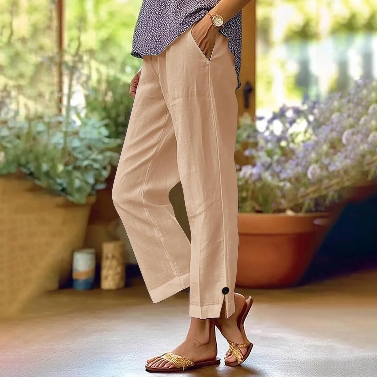 Linen Pants for Women Solid Color Straight Elastic Pant Long Drawstring Waist Cotton Casual Slit Plus Size Trousers