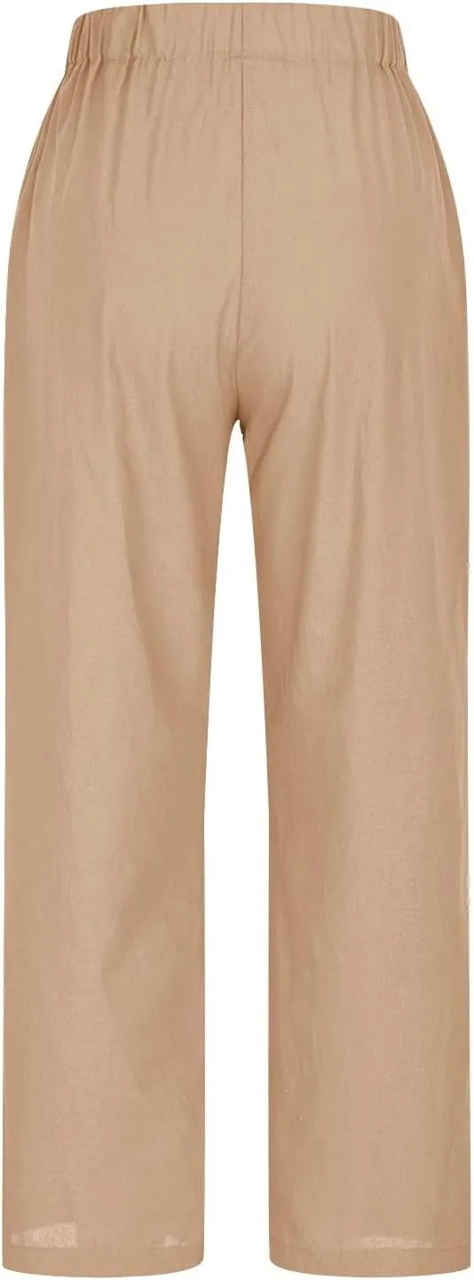 Linen Pants for Women Solid Color Straight Elastic Pant Long Drawstring Waist Cotton Casual Slit Plus Size Trousers