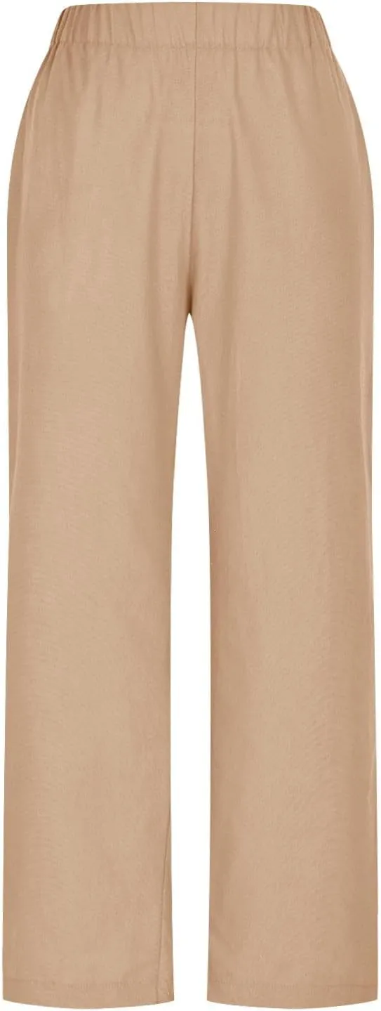 Linen Pants for Women Solid Color Straight Elastic Pant Long Drawstring Waist Cotton Casual Slit Plus Size Trousers