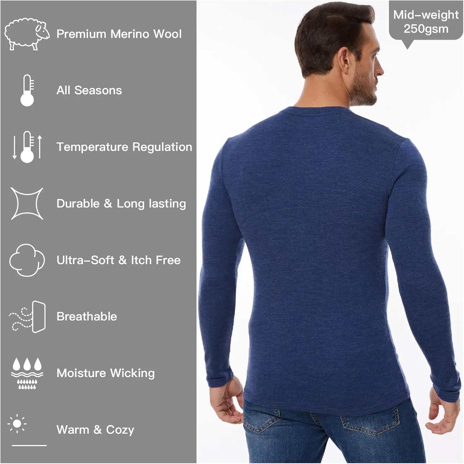 MERINNOVATION Merino Wool Base Layer Mens 100% Merino LS Thermal Shirts for Hiking Hunting,Lite, Midweight
