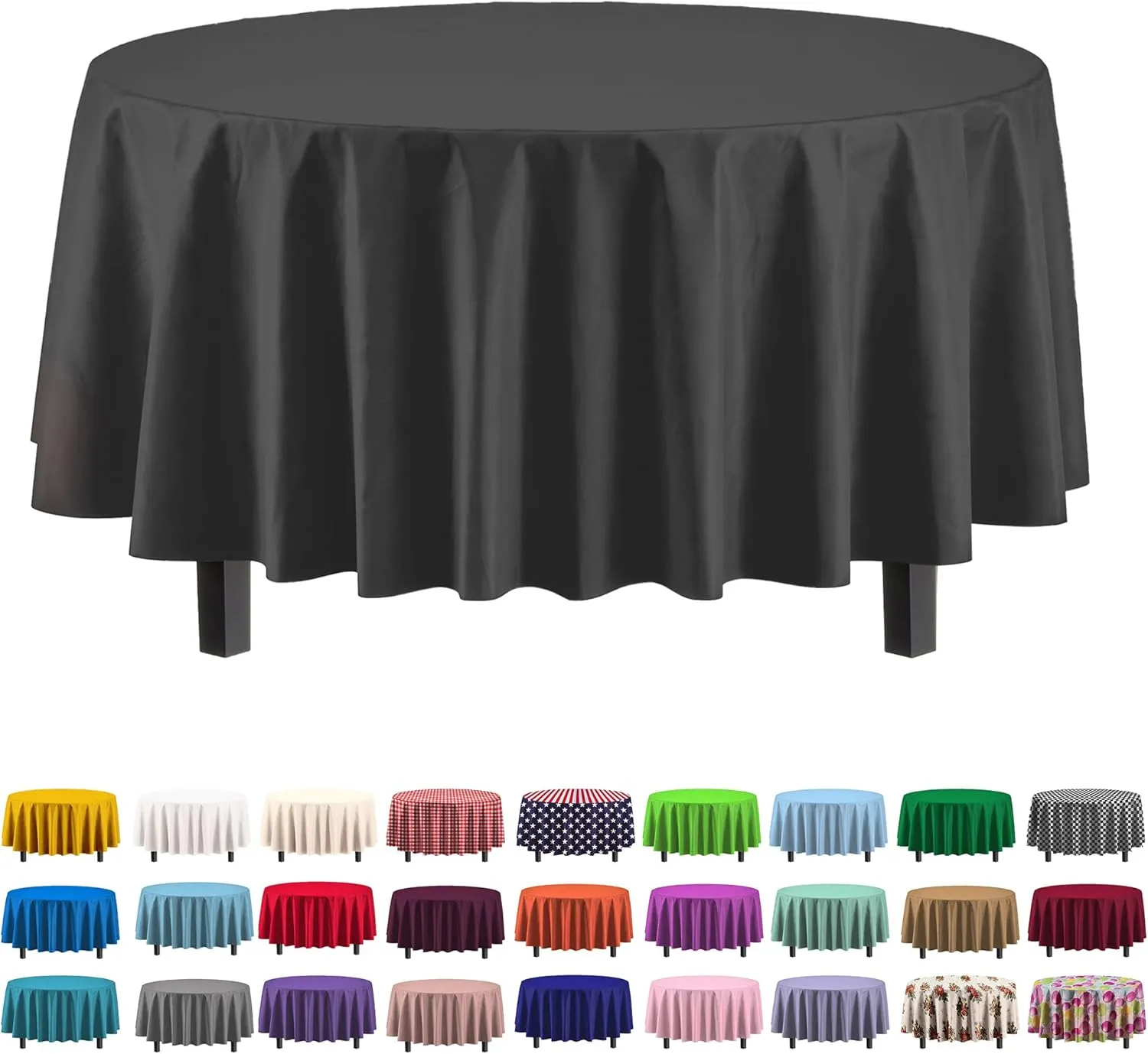 Party Solids 6-Pack Premium Plastic Tablecloth 84in. Round Plastic Table Cover - Black