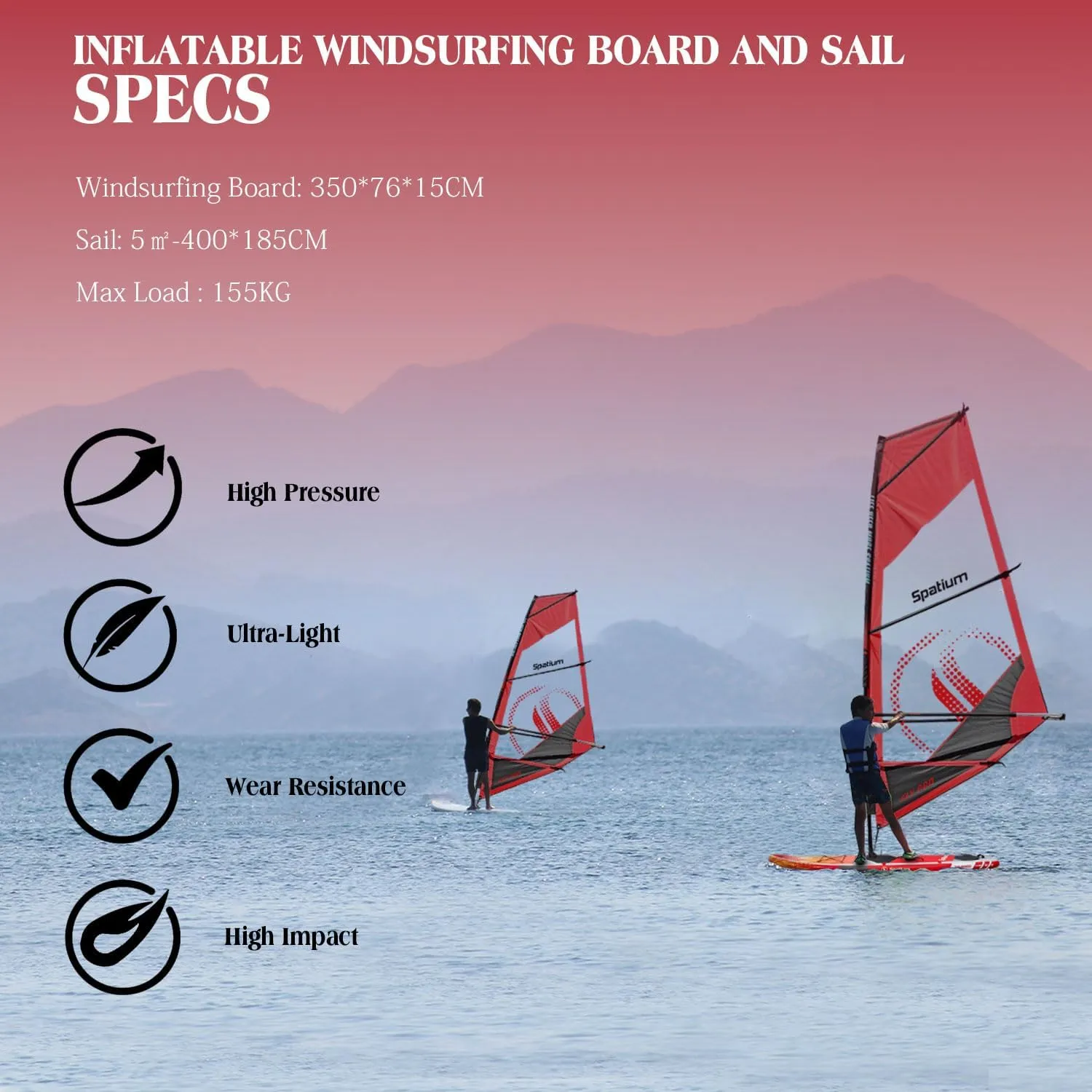 Spatium Wind Surfboard Sails Inflatable Windsurfing Board and Sail 5.0m/6.0m Inflatable Windsurf Sail with Sail Board for Newbie Friendly Windsurfer