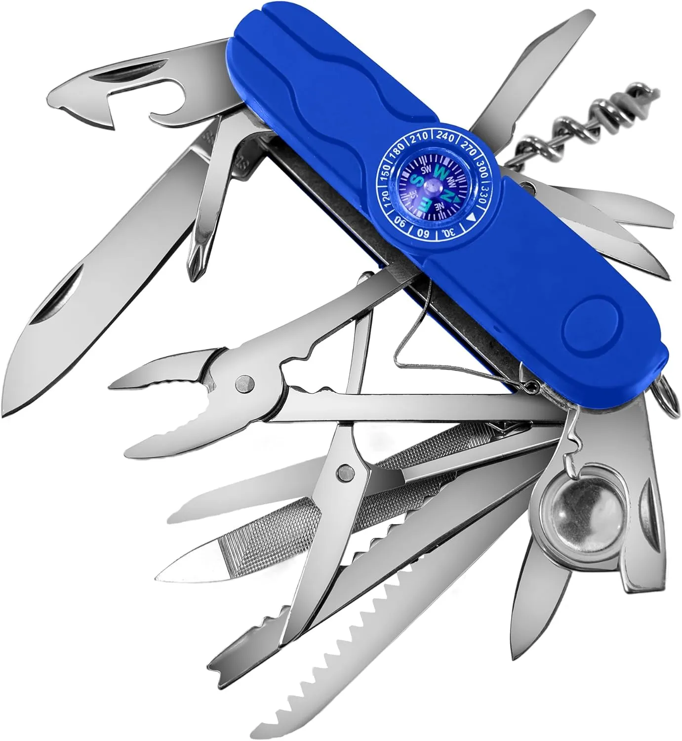 Swiss Eagle 30-in-1 Classic Swiss Pocket Knife with Compass, Premium Multi Tool Pocket Knife with Large Blade, Scissor, Screwdriver, Plier, Magnifying Glass, Tweezer for Gifts - Blue
