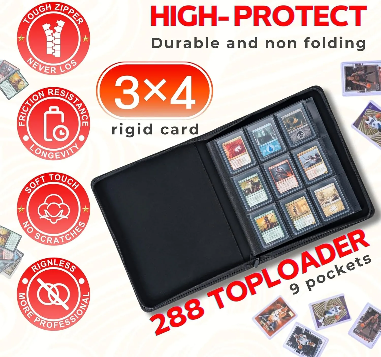 Toploader Binder - Holds 288  Top Loaders for Cards, 9 Pocket Top Loader Binders with Sleeves for 3" x 4" Rigid Card Holders for Baseball, Football and other Sports Cards(Black)