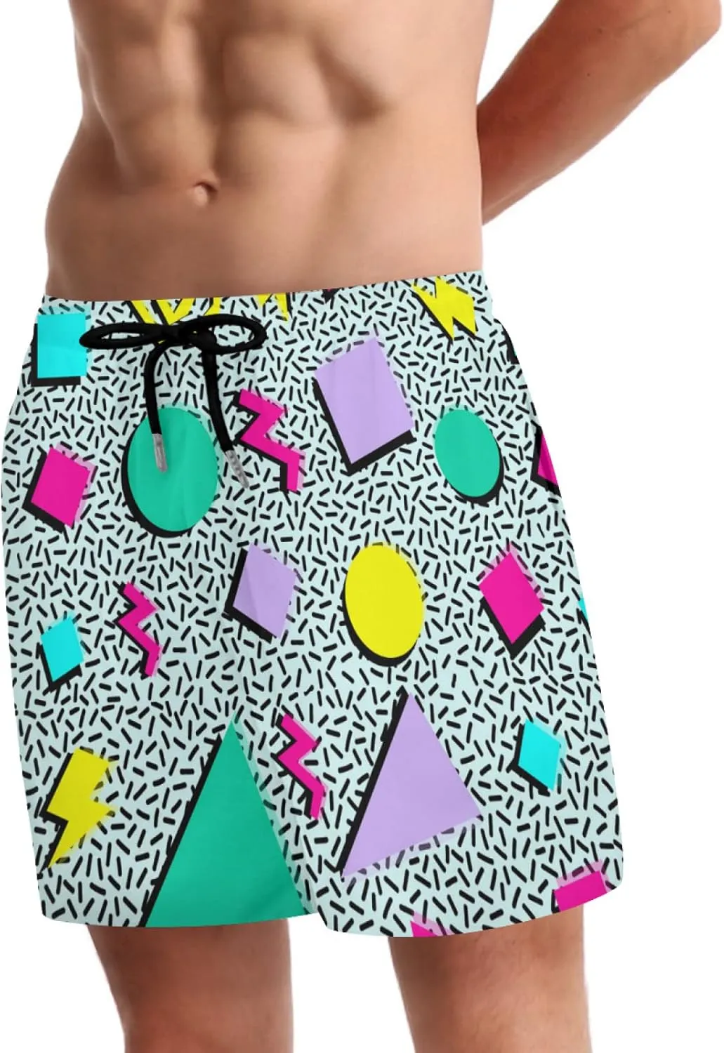 Vintage 80s Memphis Mens Beach Shorts Funny Elastic Waist Quick Dry Swim Trunks