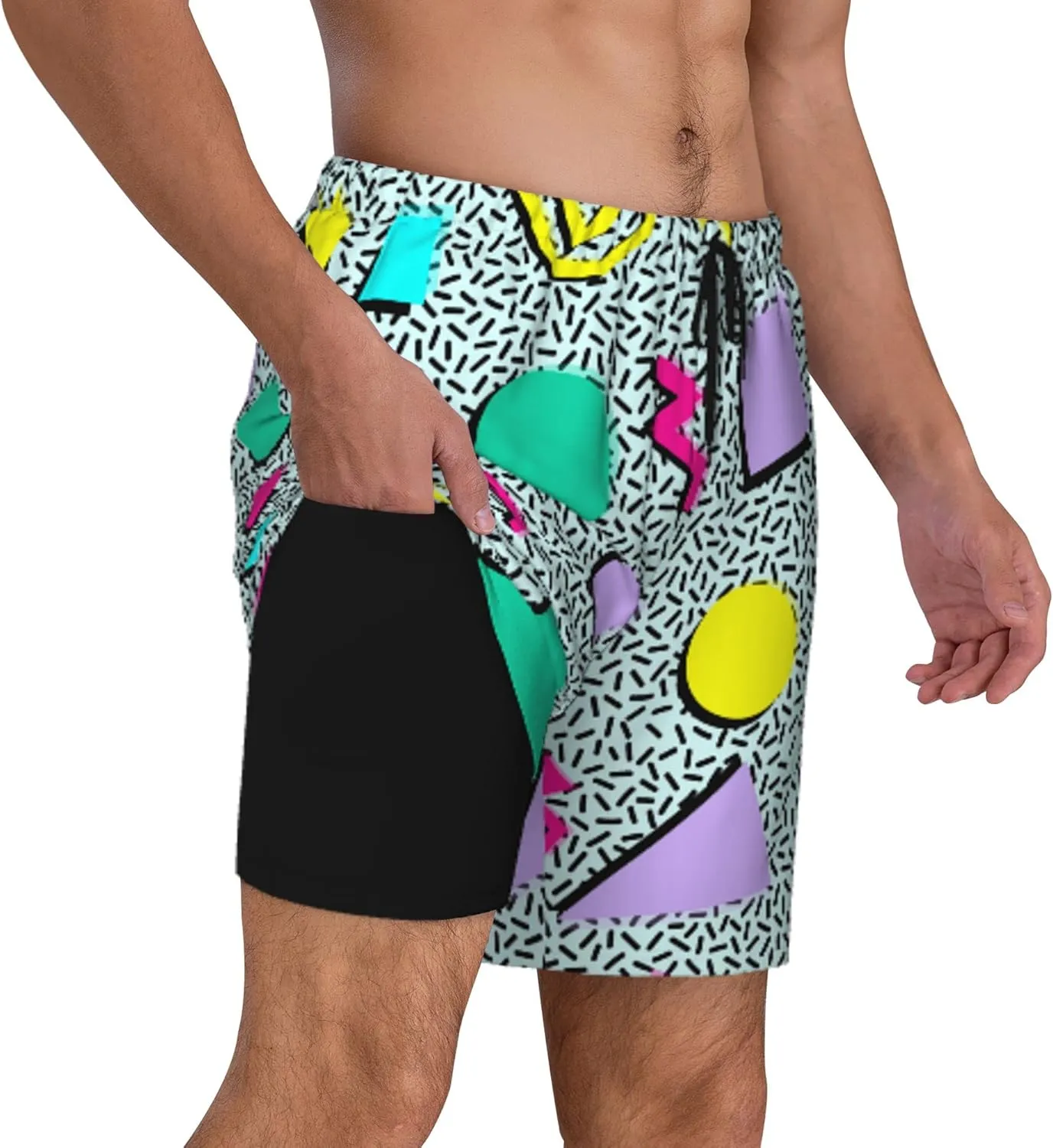 Vintage 80s Memphis Mens Beach Shorts Funny Elastic Waist Quick Dry Swim Trunks
