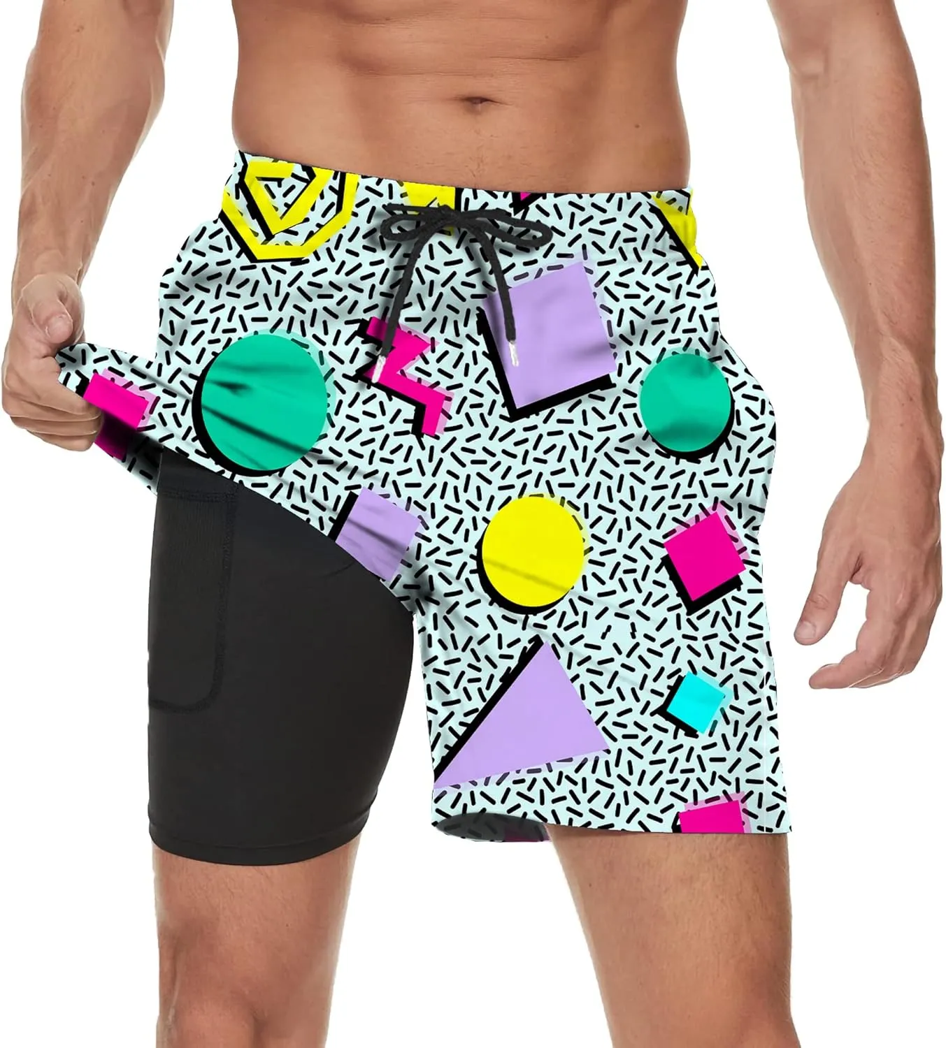 Vintage 80s Memphis Mens Beach Shorts Funny Elastic Waist Quick Dry Swim Trunks